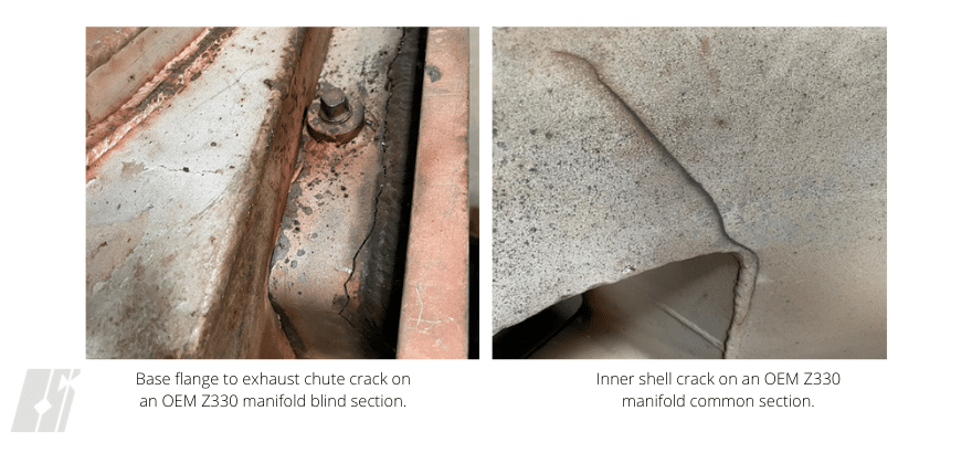 Inner shell crack on an OEM Z330 manifold common section.