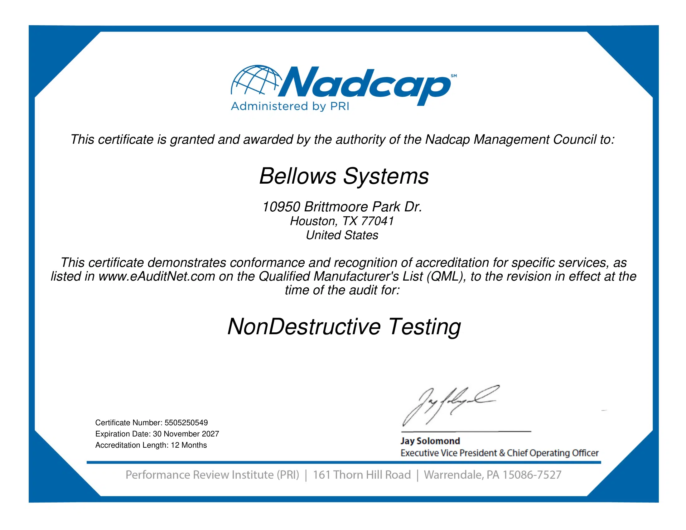 Certificate Nadcap (Aerospace) NonDestructive Testing audit # 250549-1 NDT Certificate by NADCAP