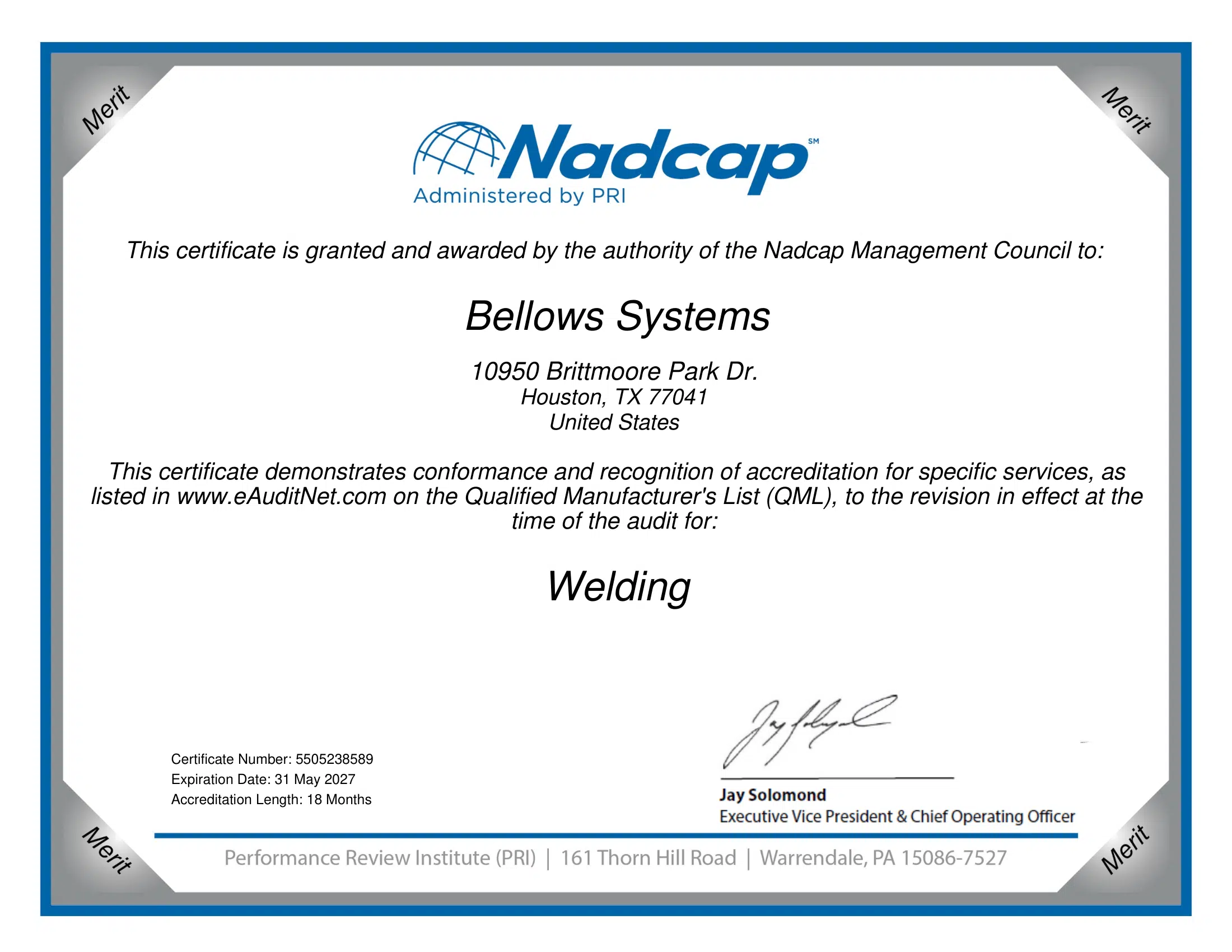 Certificate Nadcap (Aerospace) Welding audit # 238589-1 NADCAP Certification for Welding